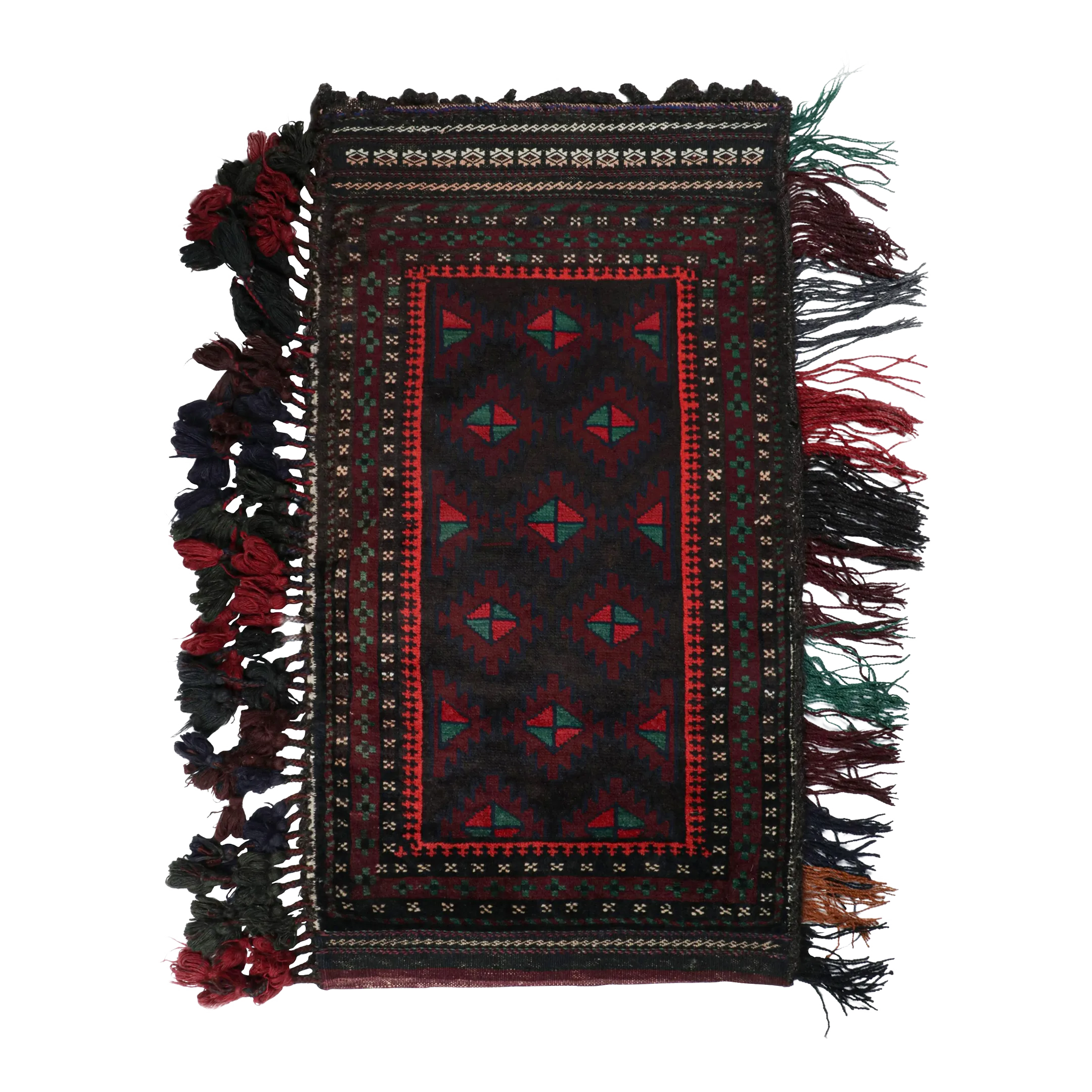1950s Vintage Baluch Afghan Rug in Black, Red & Green