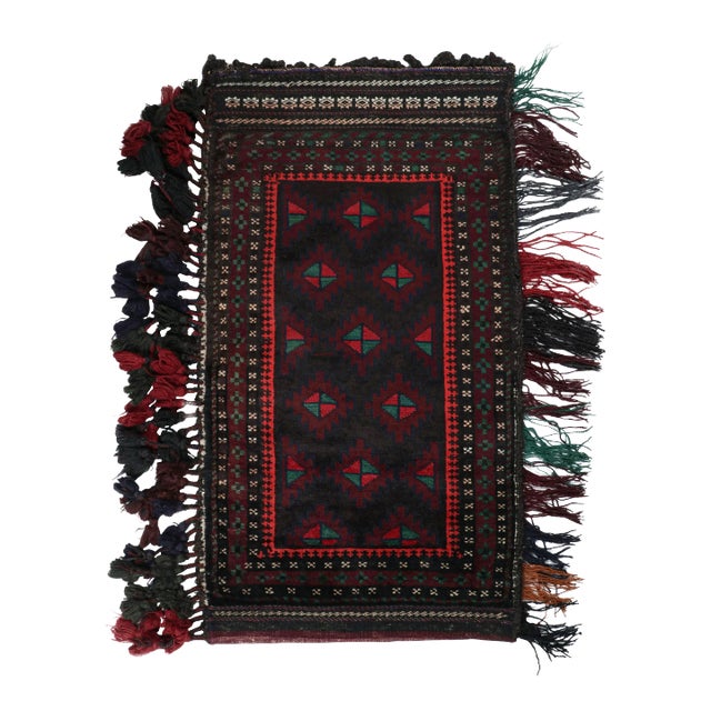 1950s Vintage Baluch Afghan Rug in Black, Red & Green Patterns by Rug & Kilim For Sale