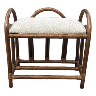 Vintage Mid-Century Italian Rattan Vanity Stool With Boucle For Sale