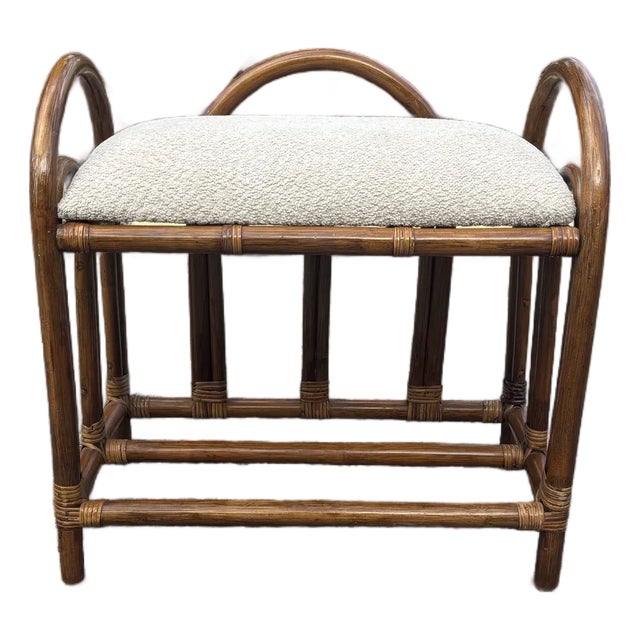 Vintage Mid-Century Italian Rattan Vanity Stool With Boucle For Sale