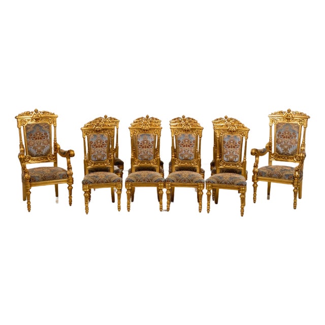 Set of 14 French Louis XIV Style Gold Gilt Carved Throne Dining Chairs For Sale