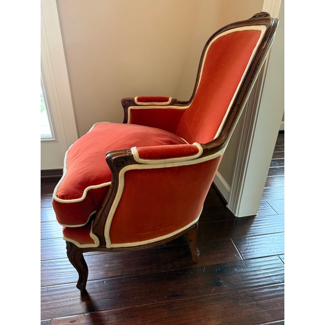 Late 20th Century Henredon French Provincial Rust Velvet Armchair With Contrasting Welt & Down Cushion For Sale - Image 12 of 12