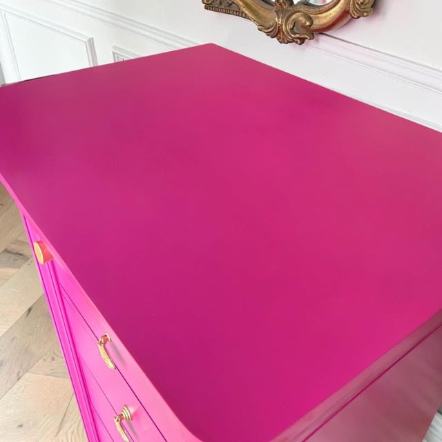 Hot Pink 1980s Thomasville Impressions Pink Lingerie Chest | Hot Pink Tall Dresser | Hollywood Regency Chest | Glam Bedroom Storage | Wallpaper Drawers For Sale - Image 8 of 11