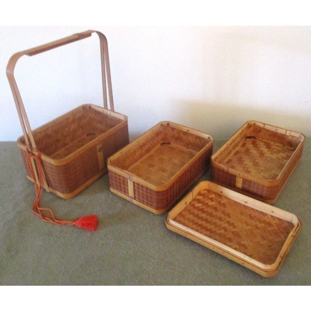 Vintage 1946 Occupied Japan Stacking Bamboo Lunch Picnic Basket For Sale - Image 12 of 12