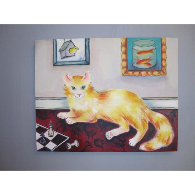 This oil on canvas features a striking orange cat lounging in a domestic setting, exuding a sense of curiosity and...