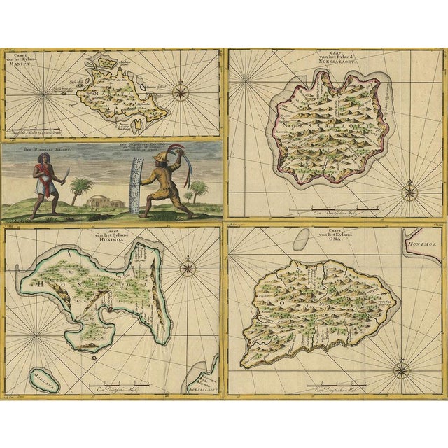 Four maps of islands and two figures in native dress. The islands are: Manipa, Nusa-Laut (Noessa-Laoet), Saparua (Honimoa)...