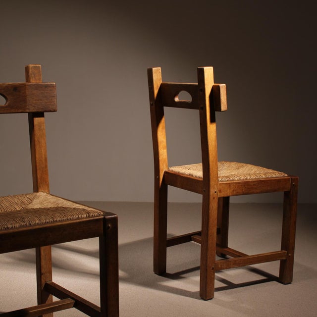Brutalist Oak & Rush Chairs, Europe, 1960s For Sale - Image 11 of 17