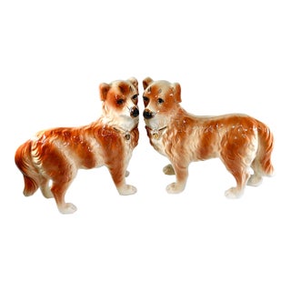 Large 19th-Century English Staffordshire Standing Collie Dogs With Glass Eyes - A Pair For Sale
