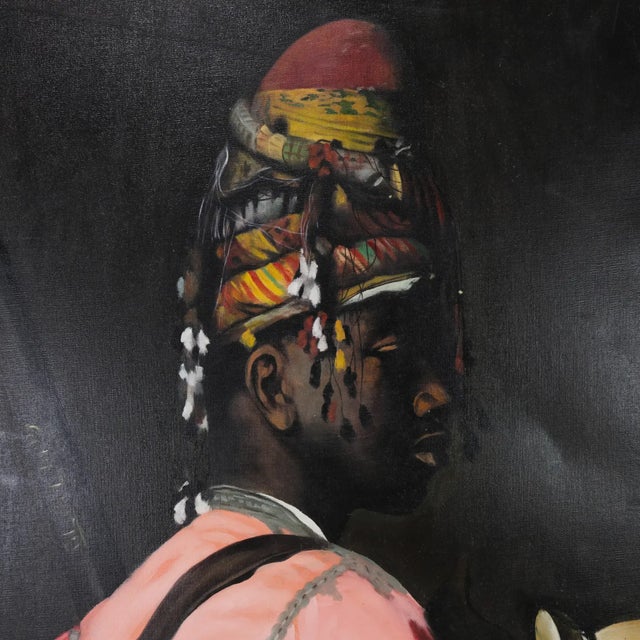 Tribal Contemporary Oil Painting Portrait With Tribal Headdress and Pink Garment For Sale - Image 3 of 7