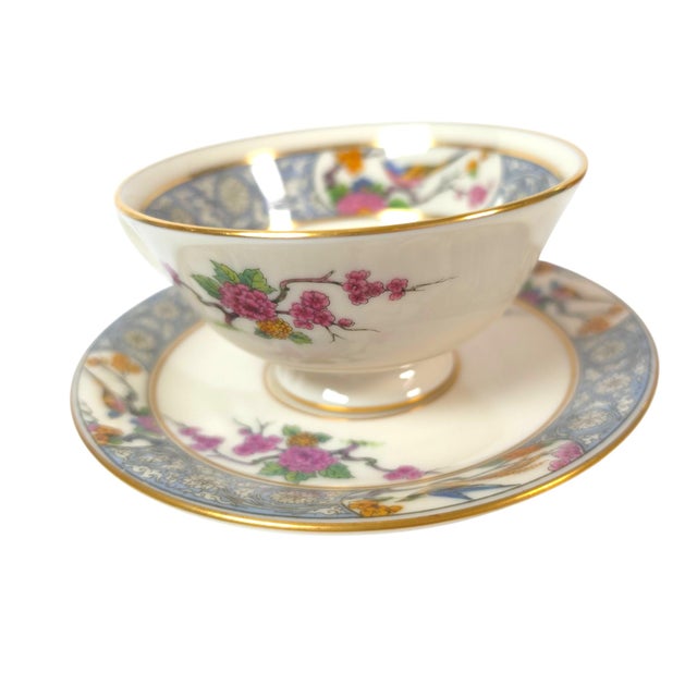 Ceramic Vintage Lenox Ming P-16 Bird and Floral Footed Teacups and Saucers Set of 2 - 4 pcs For Sale - Image 7 of 16
