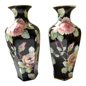 Antique Hand-Painted Nippon Morimura Pair of Vases – Hexagonal, Pink/Yellow/White Roses, Black Ground