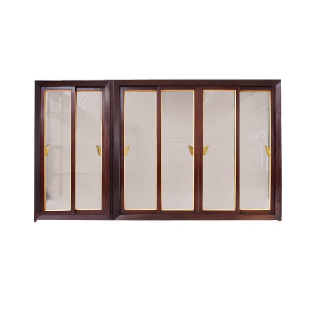 Large Italian Wardrobe with Sliding Doors and Brass Details attributed to Renzo Zavanelli, 1951, Set of 2 For Sale