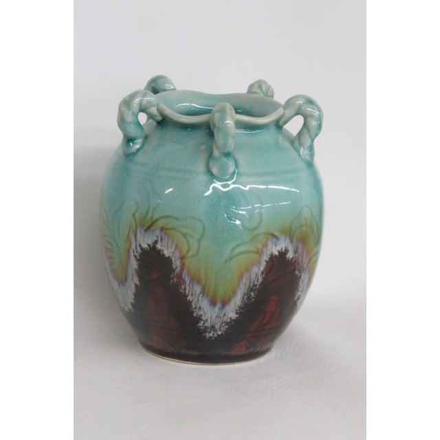 Ceramic Pottery Vase Turquoise Celadon Drip Crackle Glaze 5 Handled Jug 4861b For Sale - Image 4 of 11