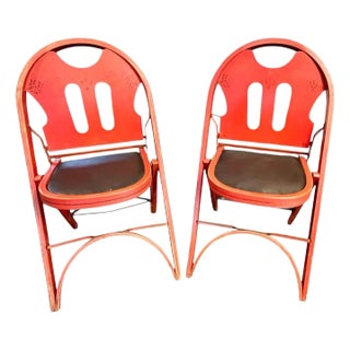 Art Deco Folding Chairs-Red Wood-Black Leather Seat-Vintage Pair-1930s-Rastetter For Sale