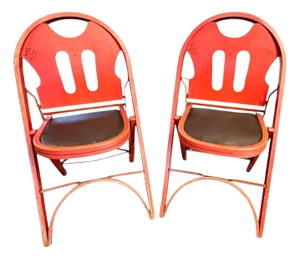 Art Deco Folding Chairs-Red Wood-Black Leather Seat-Vintage Pair-1930s-Rastetter