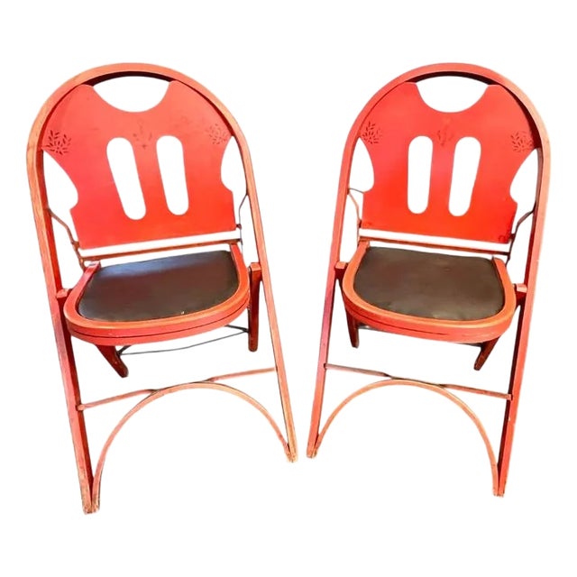 Pair 1920s-30s Rastetter Solid Kumfort Folding Chairs-Art Deco-Antique-Red Wood For Sale