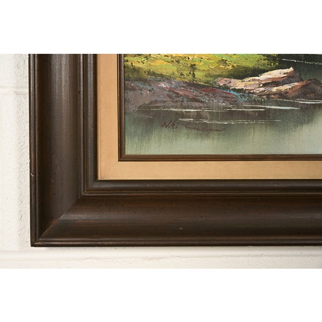 Bob Ross Style Original Signed Lakeside Mountain Landscape Oil Painting in Carved Wood Frame For Sale - Image 12 of 16