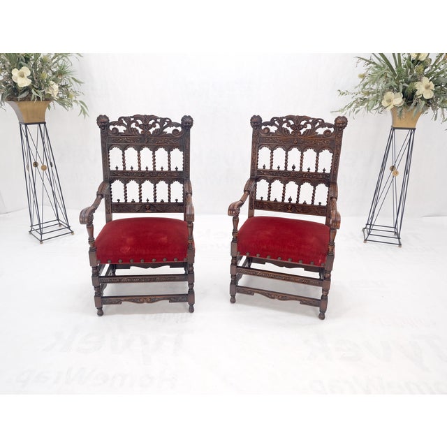 Fine Carved North Winds Faces Heavy Oak Arm Chairs Twisted Spindles c1900s MINT For Sale - Image 12 of 18