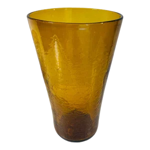 1960s Vintage Amber Crackle Hand Blown Glass Tall Vase