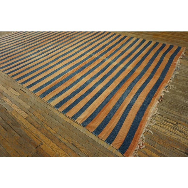 1920s Apricot Blue Stripe Antique Indian Cotton Dhurrie Carpet 9'7" X 15'3" Flatweave Wool Rug For Sale - Image 10 of 12
