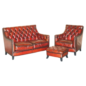 Fully Hand Dyed Bordeaux Leather Chesterfield Suite Armchair & Sofa, Set of 3