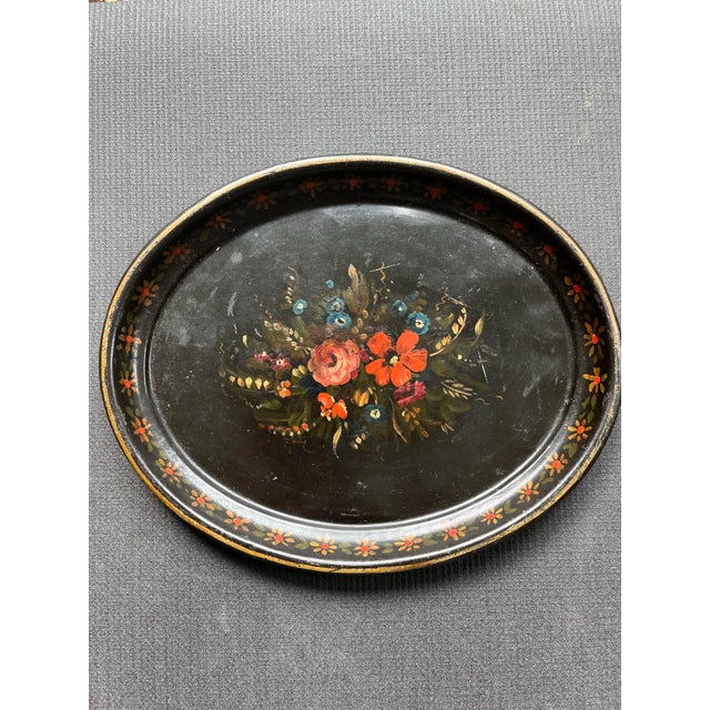 Antique English Hand-Painted Floral Oval Toleware Tray, Late 19th Century For Sale - Image 4 of 10