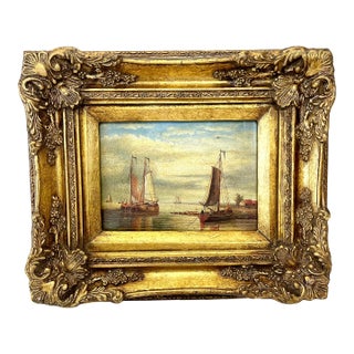 Vintage Sailboat Oil Painting: Ornate Gold Frame For Sale