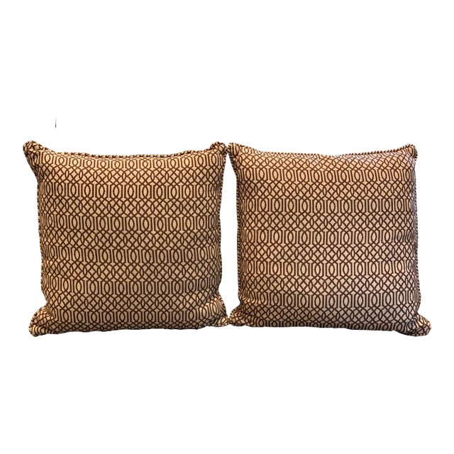 Contemporary Chocolate Brown and Cream Square Pillows- a Pair For Sale