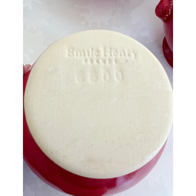 Late 20th Century Vintage Emile Henry Traditional Lion Head Deep Red Soup Cauldrons Bowls Pottery - Set of Four For Sale - Image 5 of 5