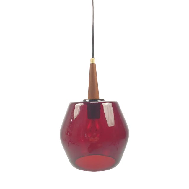 Mid-Century Glass and Teak Pendant Lamp, 1970s For Sale