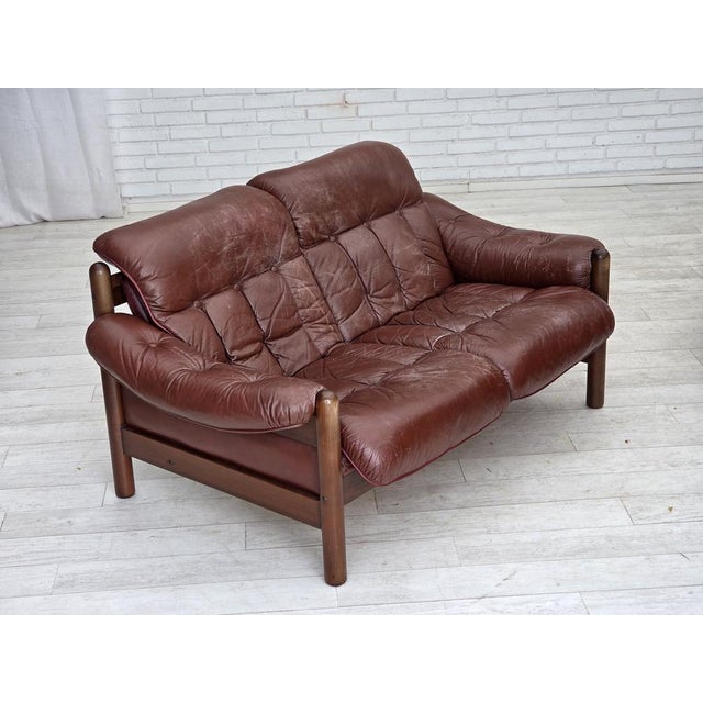 Brown Swedish 2-Seater Sofa in Brown Leather and Dark Beech, 1970s For Sale - Image 8 of 18