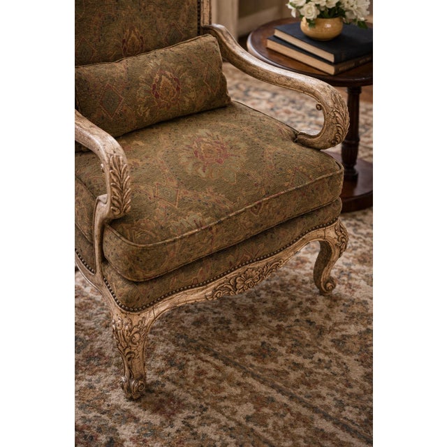 Textile Late 20th Century French Provincial Louis XV Style Carved Armchair by Thomasville With Antiqued Frame & Tapestry Upholstery For Sale - Image 7 of 10