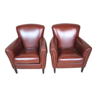 Mid 20th Century French Leather Club Chairs, a Pair For Sale