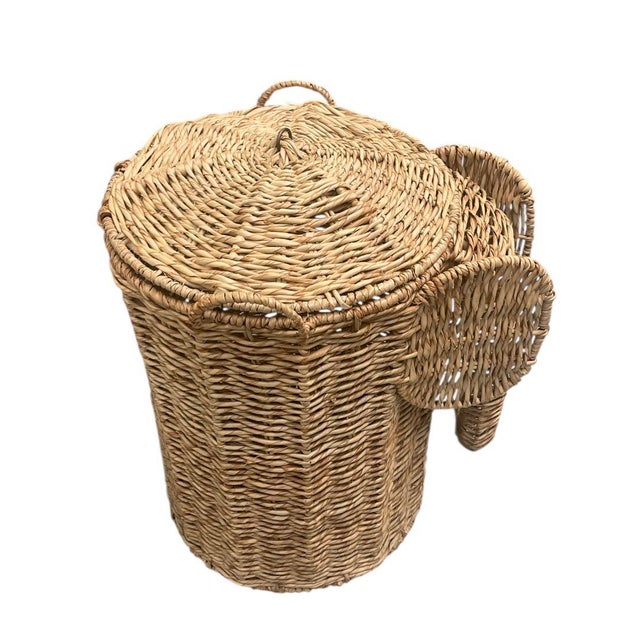 Wood Woven Wicker Elephant Laundry Hamper With Lid For Sale - Image 7 of 9