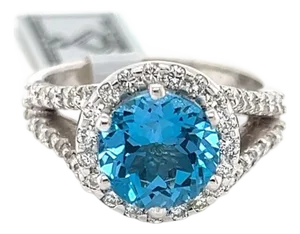 Mid 20th Century 18k White Gold Blue Topaz Solitaire Ring w/Diamonds IGI Certified Size 8