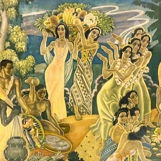 1930s Eugen Savage "Festival of the Sea" Lurline Matson Lines Print in Bamboo Frame For Sale - Image 4 of 7