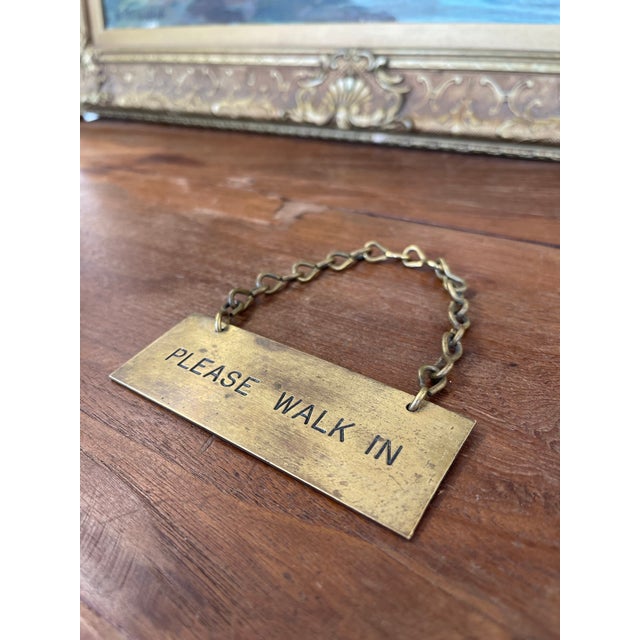Metal Antique Brass Toned "Please Walk In" Door Sign With Chain, Early 20th Century For Sale - Image 7 of 9