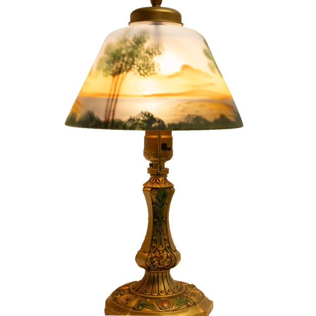 Art Nouveau 1910s Handel Art Nouveau Frosted Glass Reverse Painted Boudoir Table Lamp For Sale - Image 3 of 14