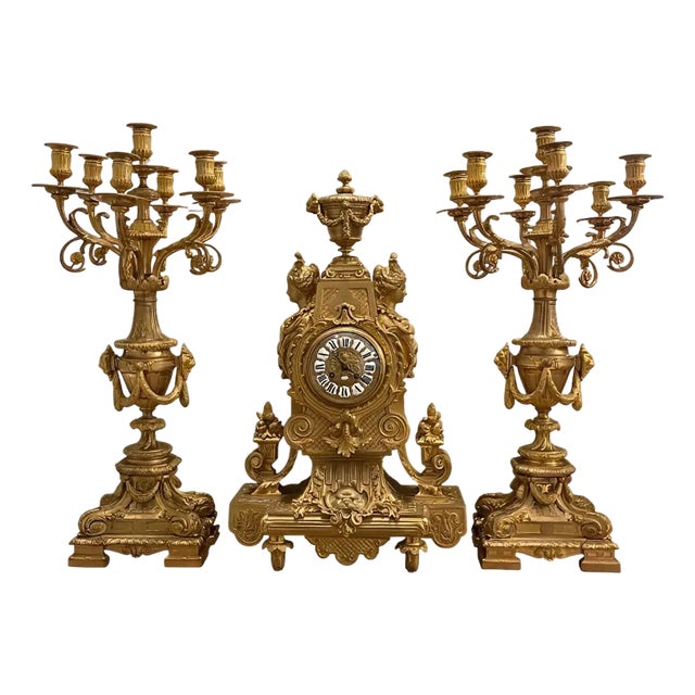 Large 19th Century French Doré Bronze Clock Garniture Marked Jules Graux, Paris. For Sale