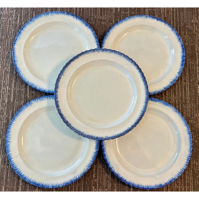Antique Early 19th Century English Georgian Pearlware Creamware Blue Feather or Shell Edge Dinner Plates - Set of 5 For Sale - Image 12 of 16