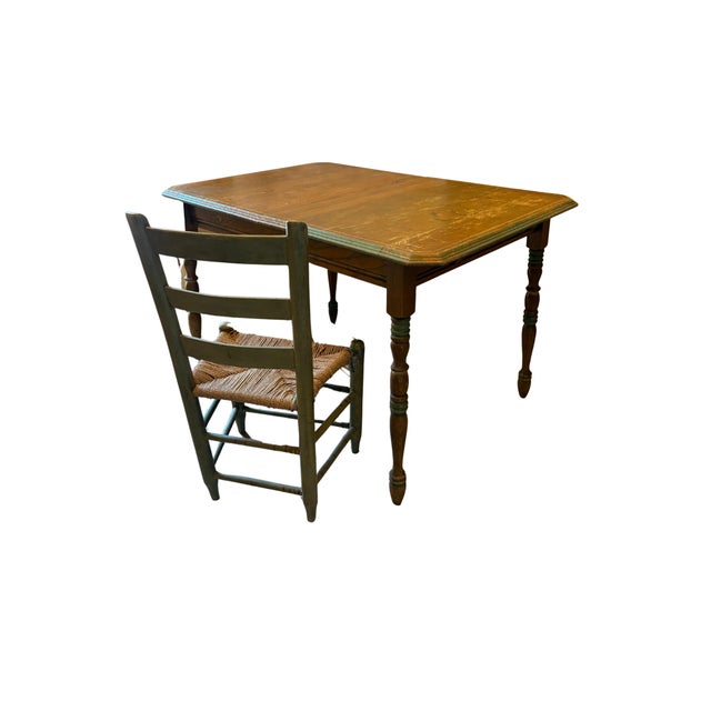 Mid-Century Modern Vintage Primitive Farmhouse Table & Rush Seat Chair Set | Dining or Desk For Sale - Image 3 of 12