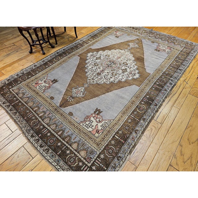 Brown Vintage Turkish Oushak Rug, Hand-Knotted, Geometric Design, Pale Blue, 7' x 10' For Sale - Image 8 of 16