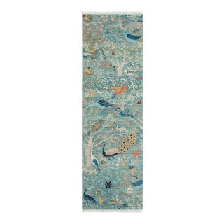 Blue Peacock Birds Garden Scene Soft Hand Knotted Hand Spun Wool Rug 3x10Ft. For Sale