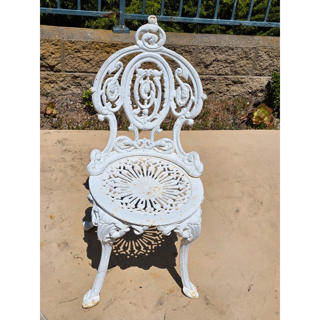 White 1950s Victorian Garden Bistro Bench, Center Table & Six Chairs, For Sale - Image 8 of 9