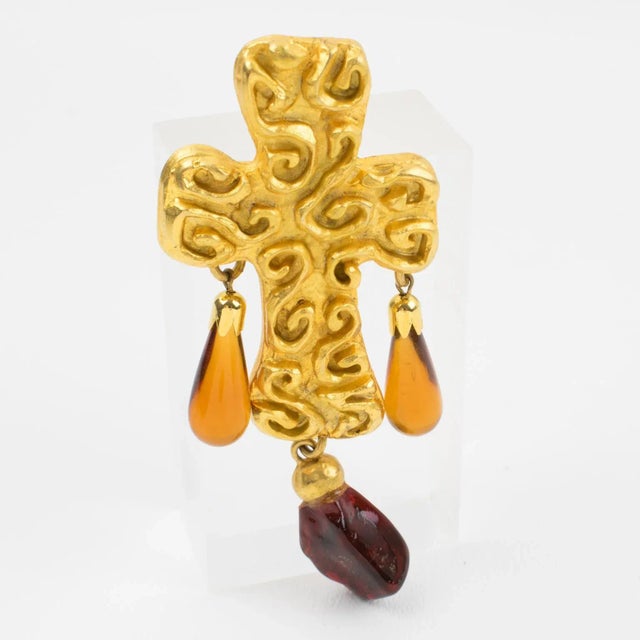 Edouard Rambaud Edouard Rambaud Byzantine Dangle Cross Pin Brooch Amber Resin Drop For Sale - Image 4 of 7