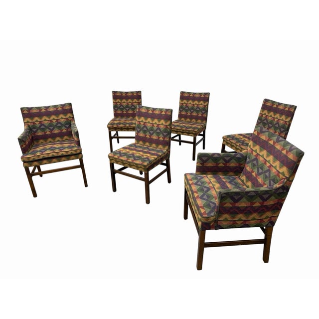 Modern Vintage Dunbar Style Geometric Upholstered Dining Chairs - Set of 6 For Sale - Image 3 of 9