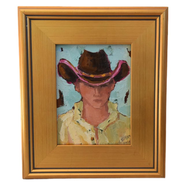 2020s Impressionist Western Cowboy Portrait Painting Including the Antiqued Gold Wood Frame For Sale - Image 5 of 5