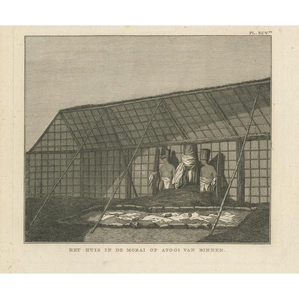 Antique print titled 'The House in the Morai on Atooi from within'. This print depicts the inside of a House, in the...
