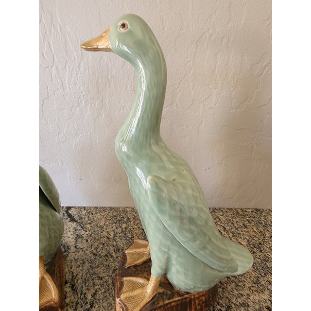 1970s Vintage Chinese Celadon Glazed Ceramic Ducks, a Pair For Sale - Image 5 of 12