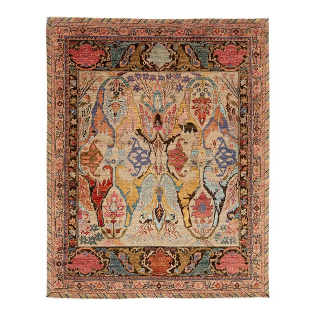 8x10 Vibrant Modern Bidjar Style Abstract Floral Wool Area Rug in Beige For Sale